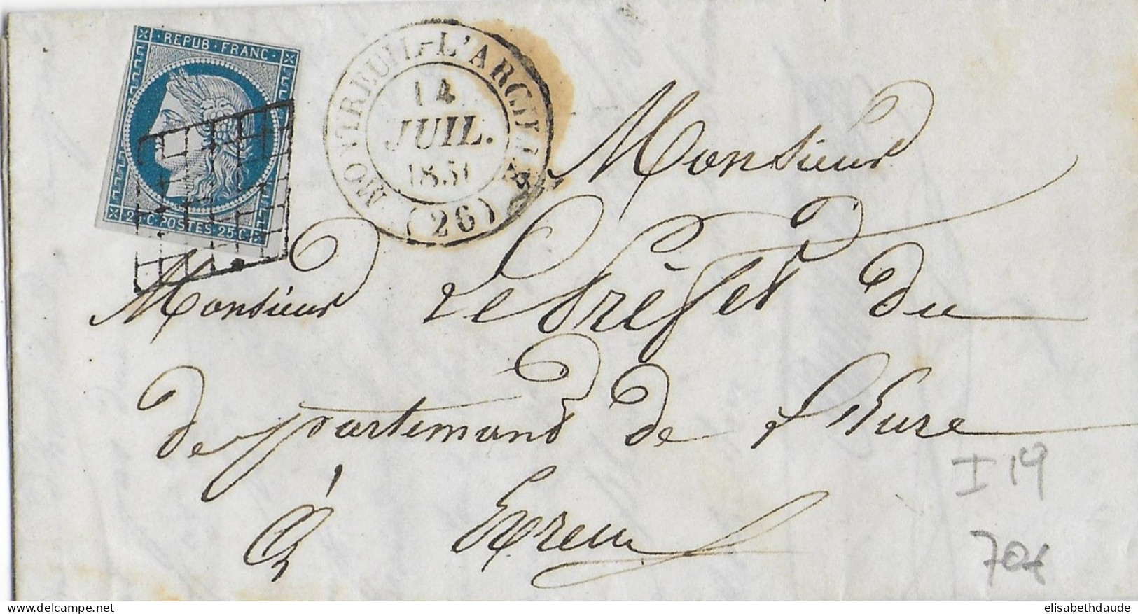 1851 - CERES 25C Sur LETTRE De MONTREUIL L'ARGILLE (EURE) Avec GRILLE - IND 16 - 1849-1850 Ceres