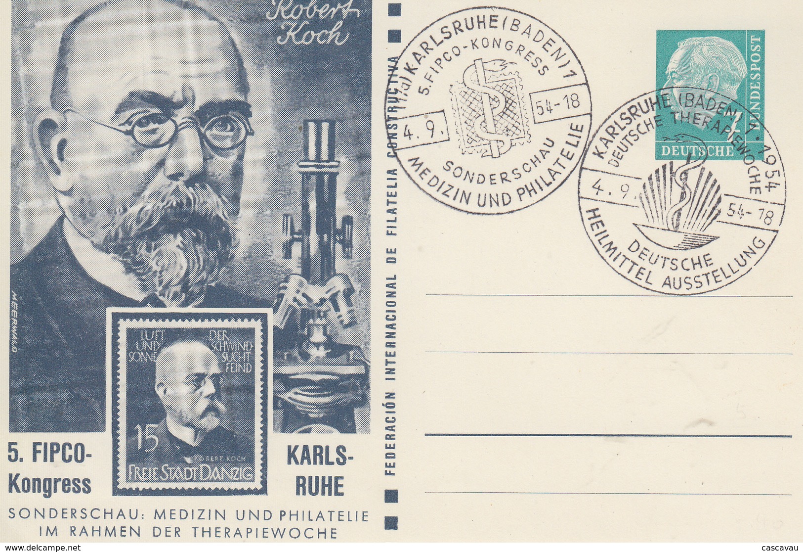 Carte   Entier  Postal   ALLEMAGNE   Tuberculose   Robert    KOCH   KARLSRUHE  1954 - Maladies