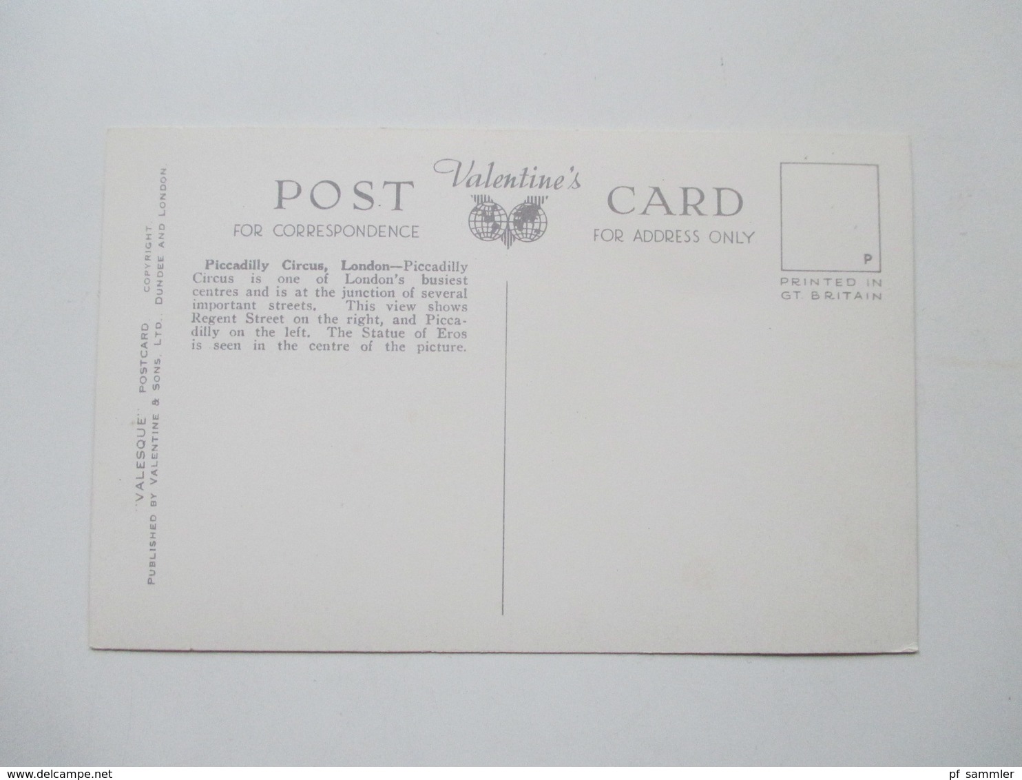 GB London 5 Postkarten Verschiedene Sehenswürdikeiten. Valentine's Postcard. Valesque. Ca. 1930er Jahre - Piccadilly Circus