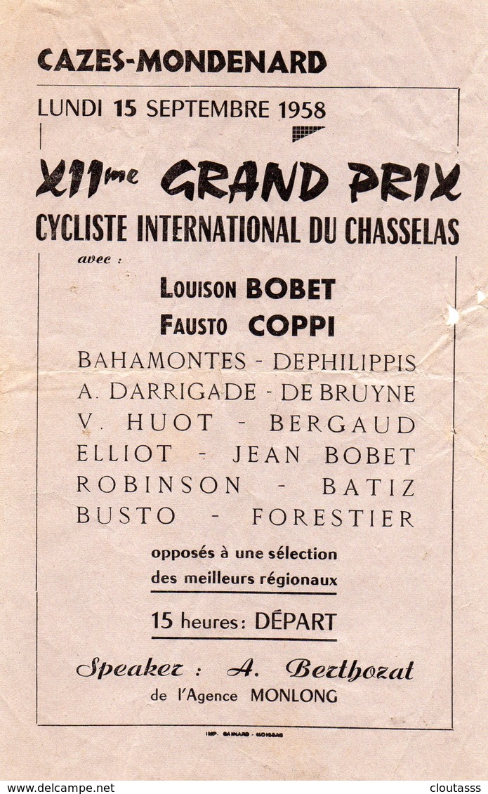 GRAND PRIX CYCLISTE 1958)  CAZES- MONDENARD  - LES PLUS GRANDS CHAMPIONS 1958     RARE - Ciclismo