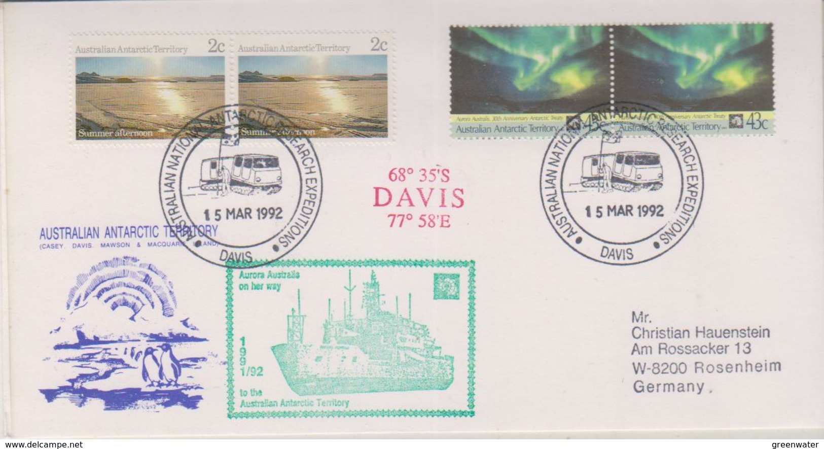 AAT 1992 Davis Ca "Aurora Australis On Her Way To The AAT" Ca 15 Mar 1992 (38625) - Covers & Documents