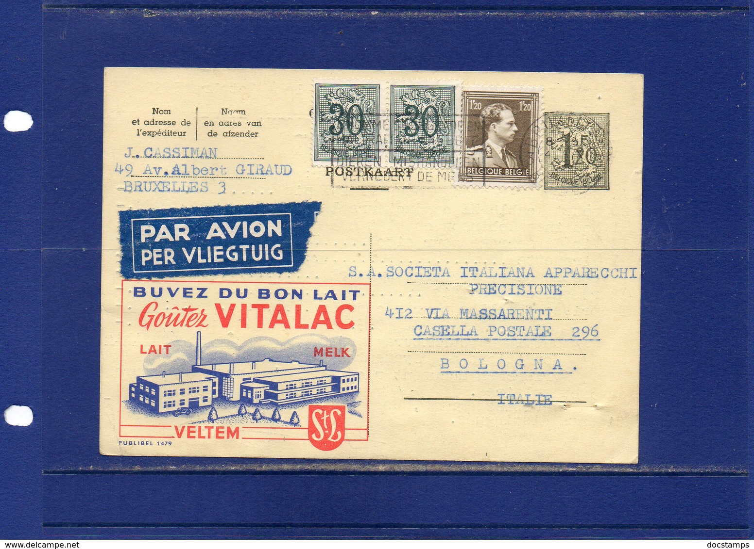 ##(DAN185)-1957- Belgium-advertising Postcard Vitalac Milk Sent By Air Mail From Bruxelles To Bologna (Italy) - Alimentación