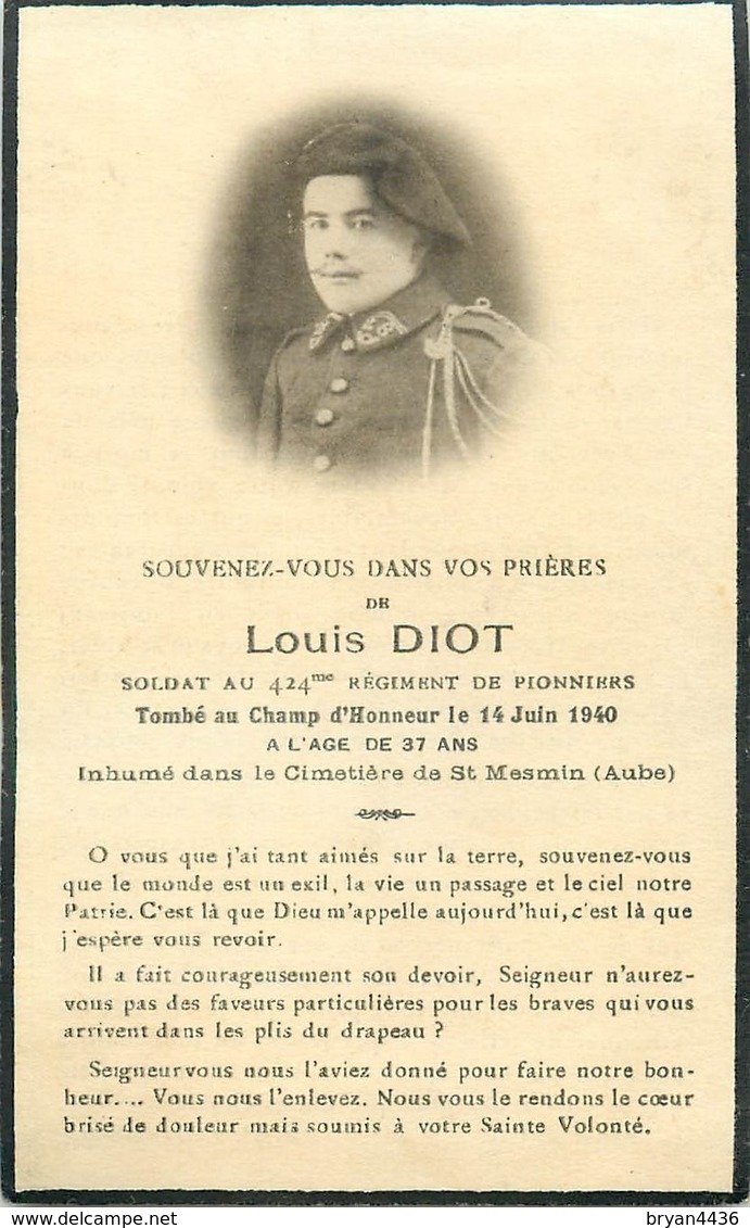 SOLDAT Louis DIOT - 28° BATAILLON DE CHASSEURS ALPINS & 424° RGT. De PIONNIERS TUE LE 14 JUIN 1940 - CARTE IN MEMORIAM - War 1939-45