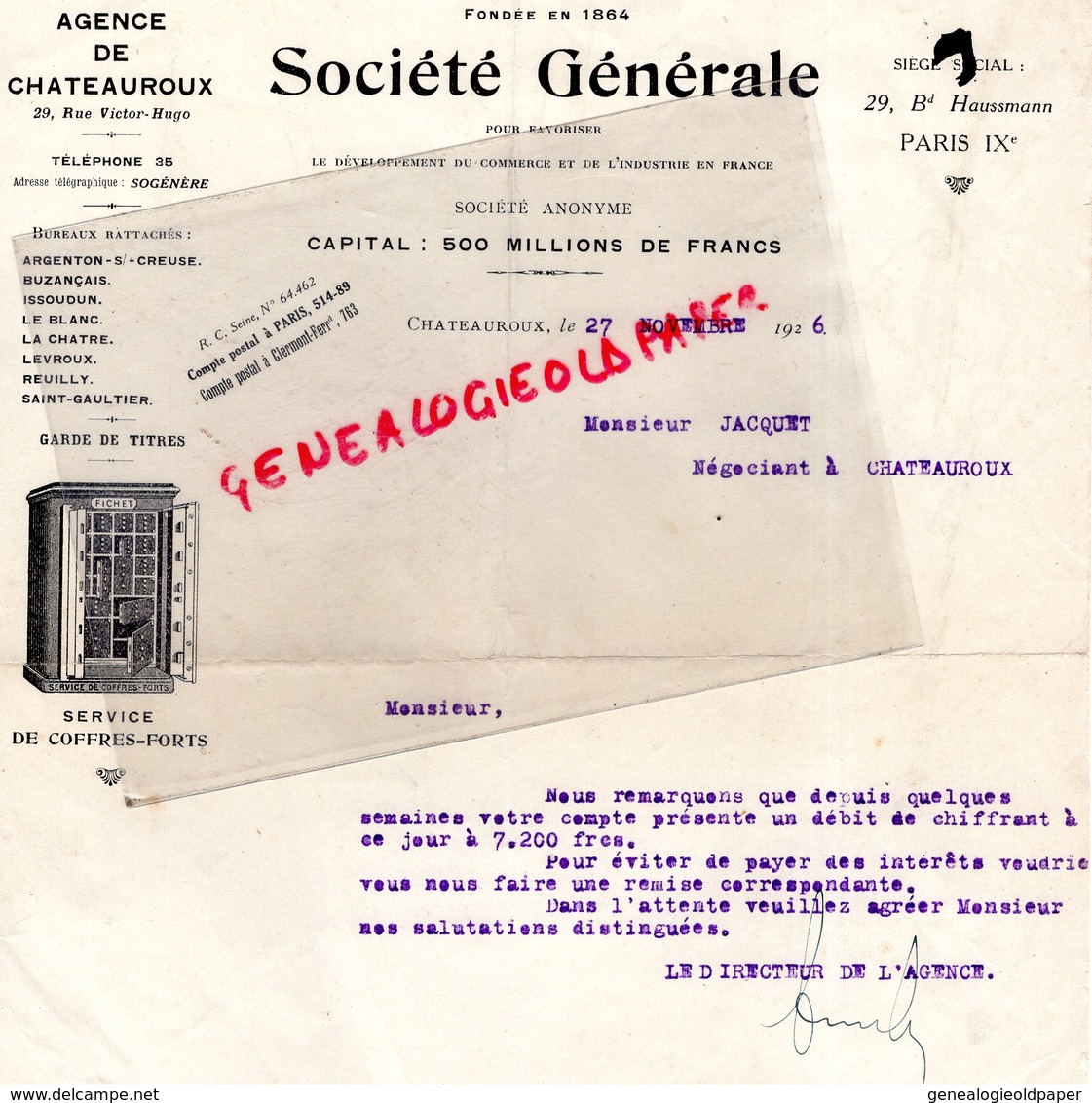 36- CHATEAUROUX- LETTRE SOCIETE GENERALE- BANQUE - 29 RUE VICTOR HUGO-PARIS- BD HAUSSMANN-COFFRES FORTS- COFRE FORT 1926 - Bank En Verzekering