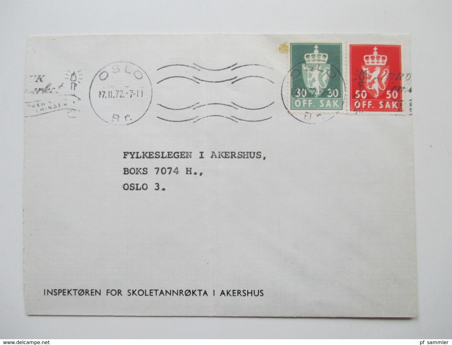 Norwegen 1972 Dienstmarken 5 Belege Inspektoren For Skoletannrokta Akershus. Off. Sak - Oficiales