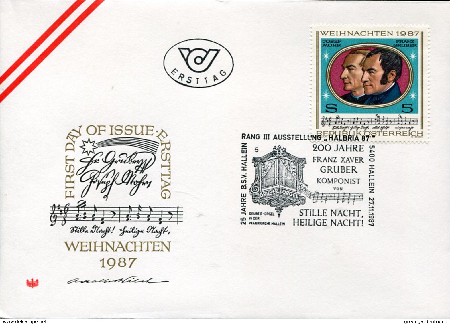 33452 Austria,fdc 1987 Franz Xaver Gruber Music Composer Stille Nacht, Organ Orgel Christmas - Musica