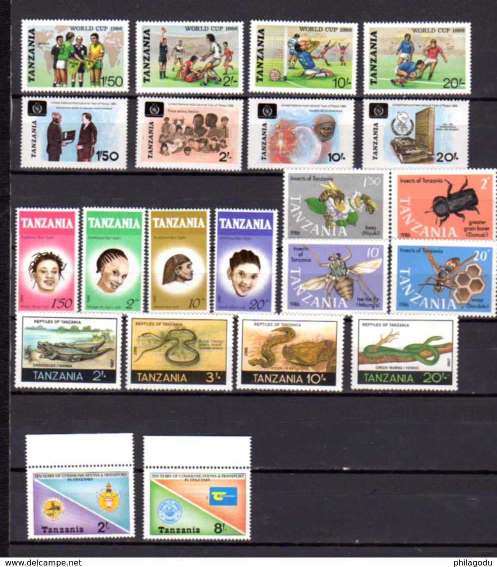 1985-87   Tanzanie, Entre Yv.  262 A Et 330**, Cote 99 €, Trains Insectes Football Serpent Snake, AUCUN DOUBLE - Tanzania (1964-...)