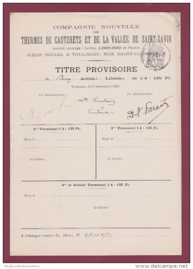 010518A VIEUX PAPIER - Titre Provisoire De 2 Actions Libérées THERMES DE CAUTERETS Et Vallée De SAINT SAVIN 31 TOULOUSE - Eau