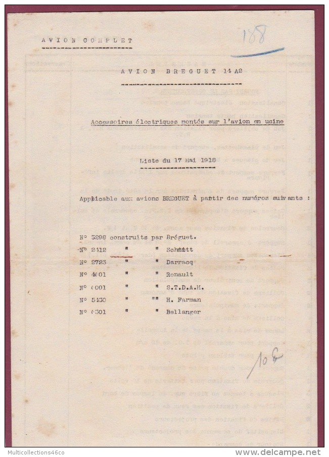 010518A - AVIATION 1918 Liste Accessoires électriques Montés En Usine AVION BREGUET 14 A2 - Manuals
