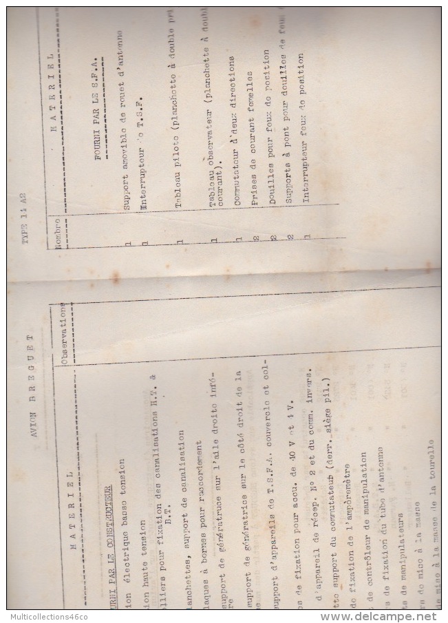 010518A - AVIATION 1918 Liste Accessoires électriques Montés En Usine AVION BREGUET 14 A2 - Manuals