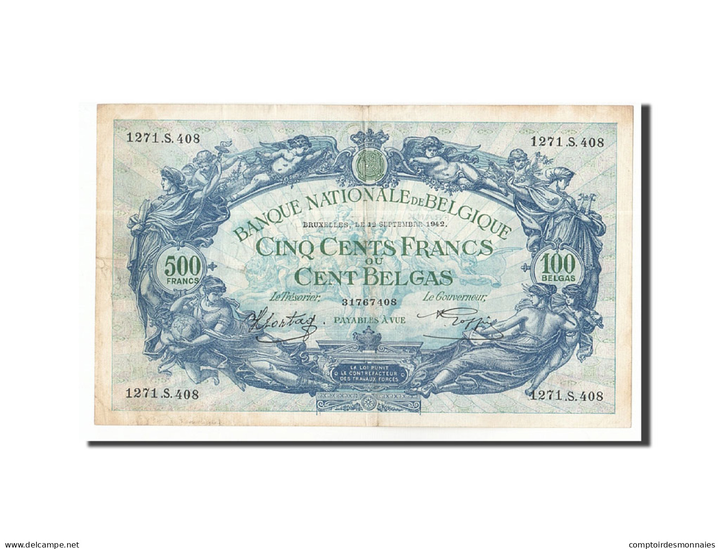 Billet, Belgique, 500 Francs-100 Belgas, 1938, 1942-09-12, KM:109, TTB - 500 Francs-100 Belgas