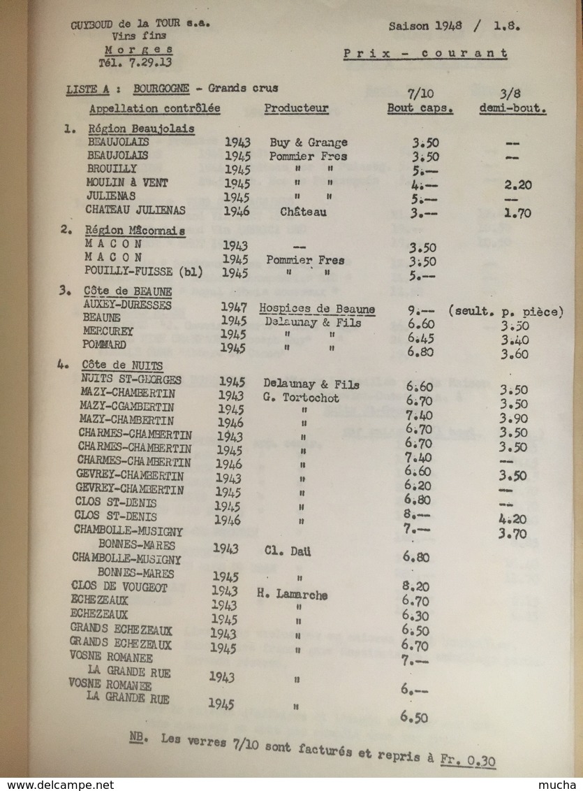 8154 - Guyboud De La Tour Vins FFns Et De Luxe Morges Prix Courant 1948 - Autres & Non Classés