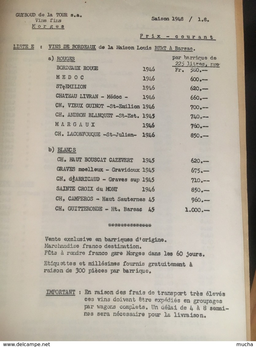 8154 - Guyboud de La Tour Vins fFns et de Luxe Morges Prix courant 1948