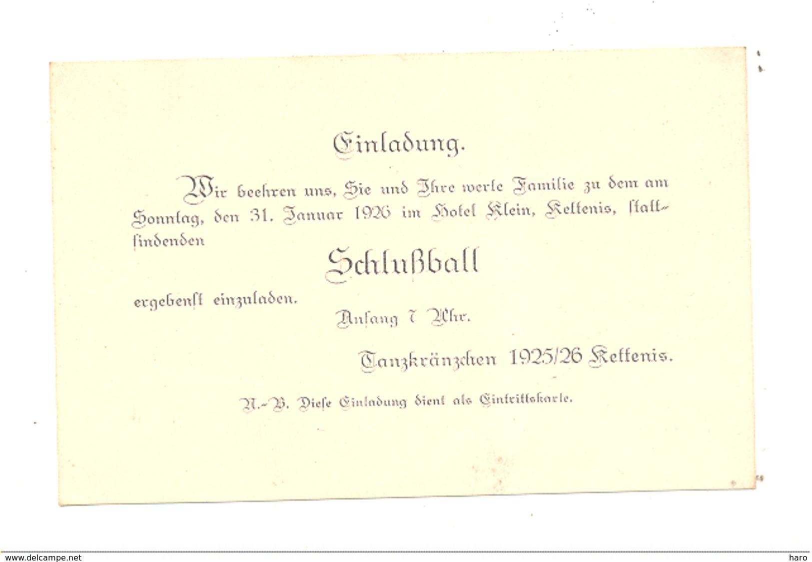 KETTENIS - Einladung / Invitation Pour Le Bal De Fin D'année 1925 à L' Hôtel Klein  (nod1) - Autres & Non Classés