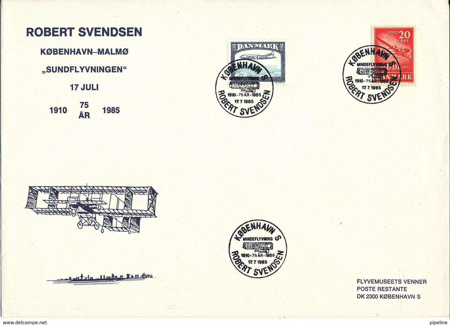 Denmark Cover Special Postmark Copenhagen 17-7-1985 75th Anniversary  Robet Svendsen Flight (big Size Cover) - Covers & Documents