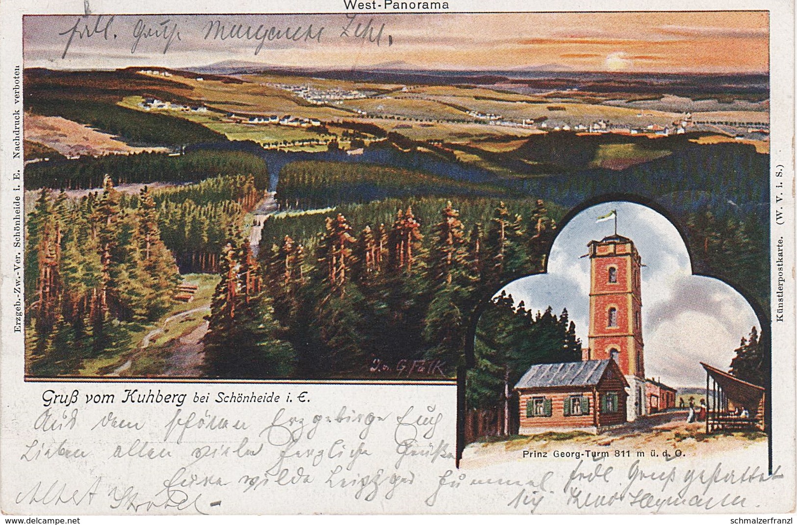 Litho AK Kuhberg West Panorama Prinz Georg Turm Gasthof A Schönheide Stützengrün Steinberg Wernesgrün Erzgebirge - Schoenheide