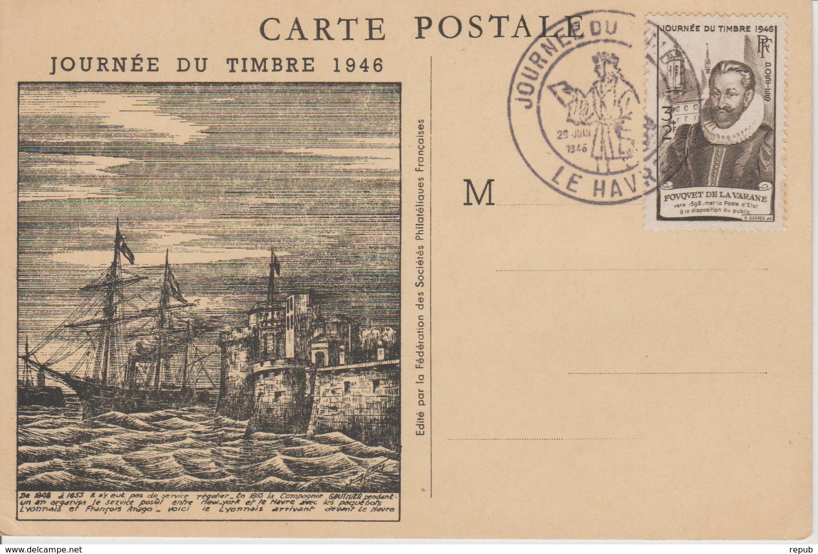 Le Havre Journée Du Timbre 1946 Avec Vignette Au Verso - Filatelistische Tentoonstellingen