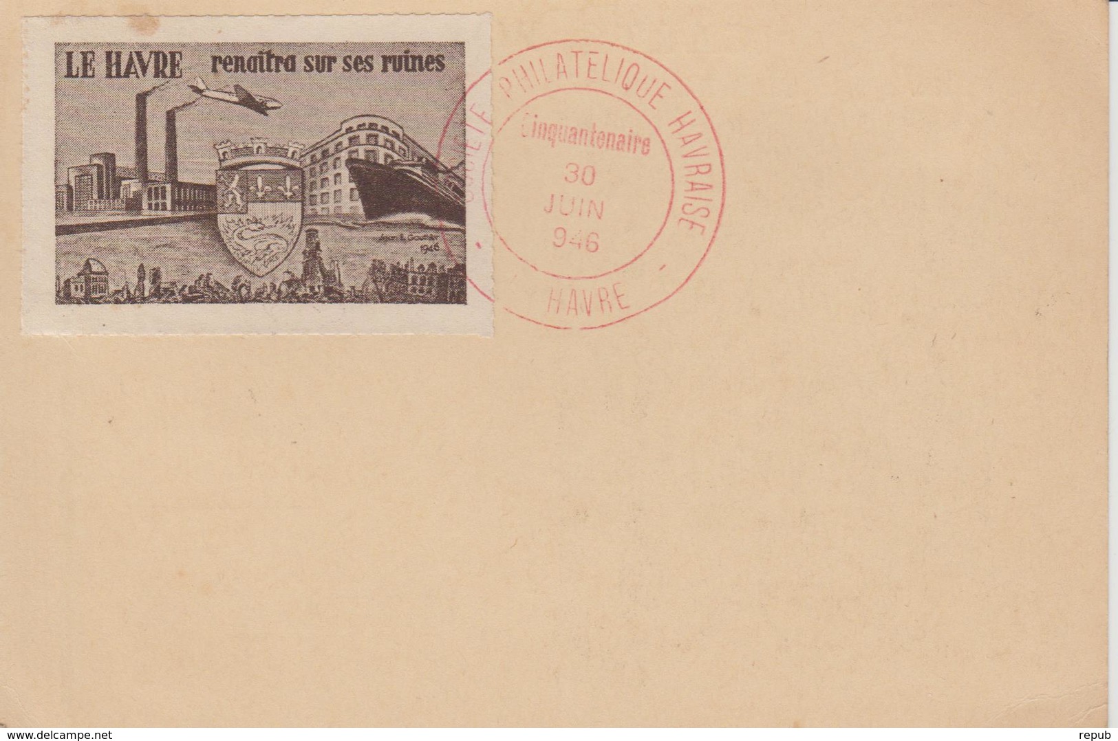 Le Havre Journée Du Timbre 1946 Avec Vignette Au Verso - Briefmarkenmessen