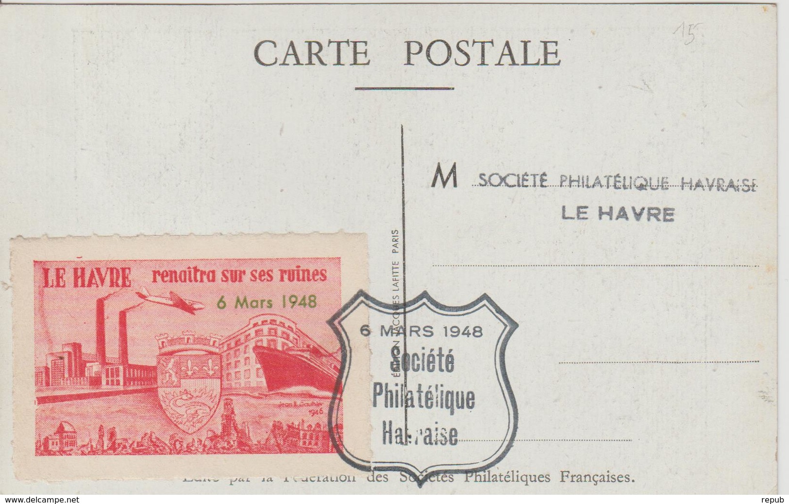 Le Havre Journée Du Timbre 1948 Avec Vignette Au Verso - Philatelic Fairs