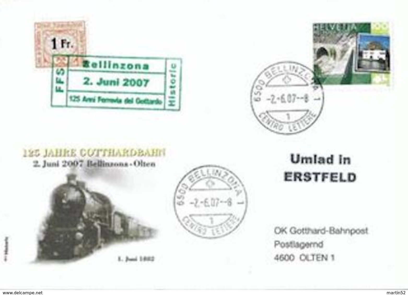 Schweiz Suisse 2007: 125 JAHRE GOTTHARDBAHN Mit Gottardo-Marke & Eisenbahn-Marke Von 1948 Mit O BELLINZONA 2.6.07 - Trains