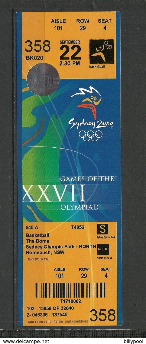 TICKET  Olympics Olympic Games Sydney  2000, Basketball, NEW, UNUSED - Match Tickets