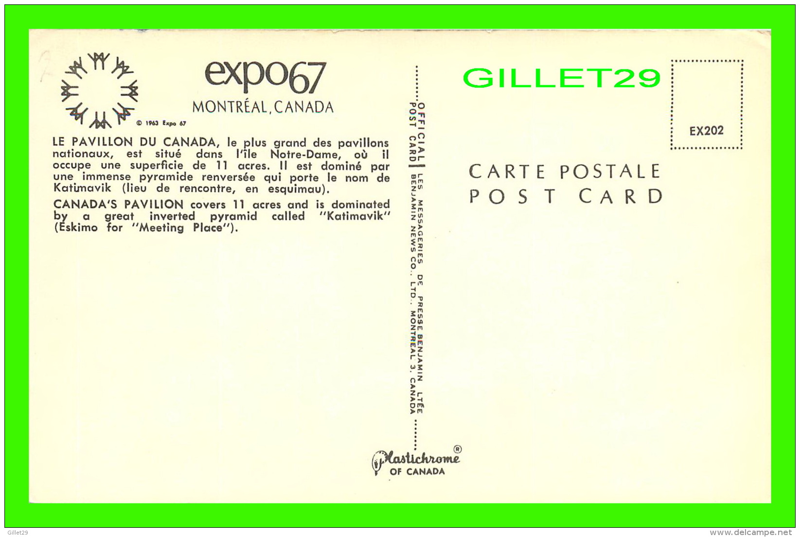 EXPOSITIONS - EXPO67, MONTRÉAL - LE PAVILLON DU CANADA - No EX202 - MESSAGERIES DE PRESSE BENJAMIN LTÉE - - Expositions