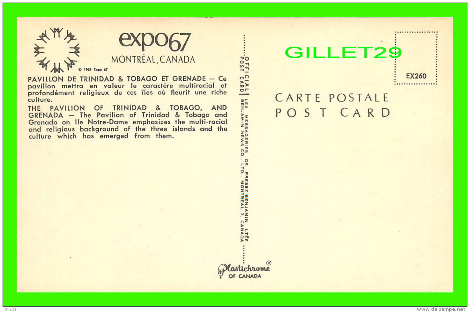 EXPOSITIONS - EXPO67, MONTRÉAL - PAVILLON DE TRINIDAD & TOBAGO ET GRENADE - No EX260  - MESSAGERIES DE PRESSE BENJAMIN - - Expositions