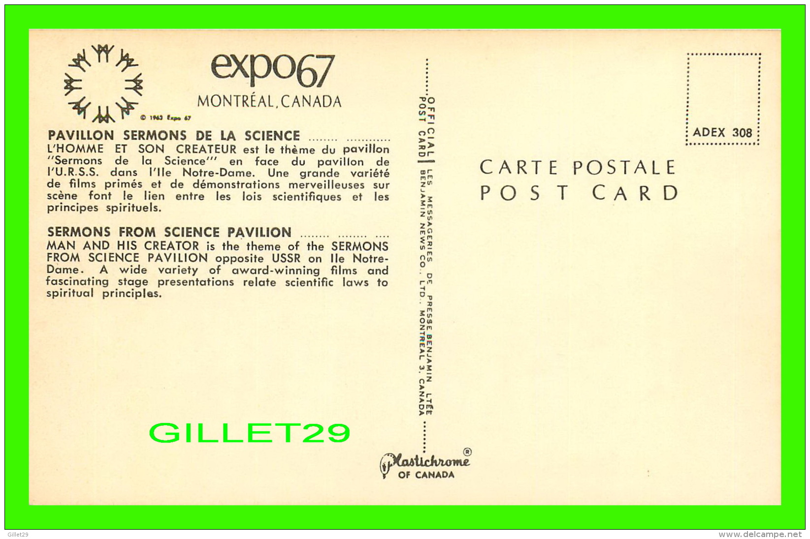 EXPOSITIONS - EXPO67, MONTRÉAL - PAVILLON SERMONS DE LA SCIENCE -  No EX308  - L'HOMME ET SON CRÉATEUR - - Expositions