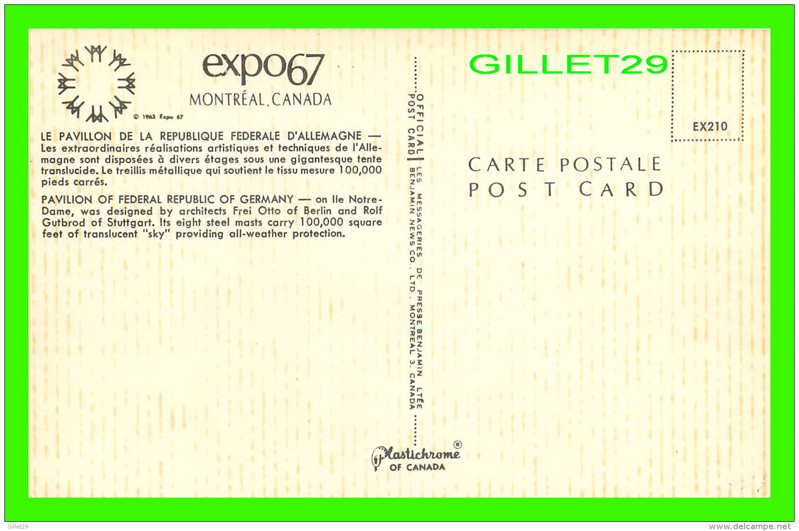 EXPOSITIONS - EXPO67, MONTRÉAL - LE PAVILLON DE LA REPUBLIQUE FEDERALE D'ALLEMAGNE -  No EX210  - MESSAGERIES DE PRESSE - Expositions