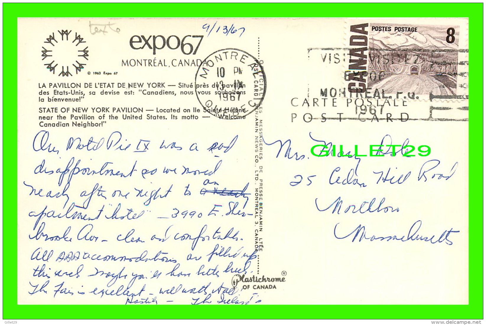 EXPOSITIONS - EXPO67, MONTRÉAL - LE PAVILLON DE L'ETAT DE NEW YORK -  No EX261 -  ANIMÉE - CIRCULÉE EN 1967 - BENJAMIN - - Expositions