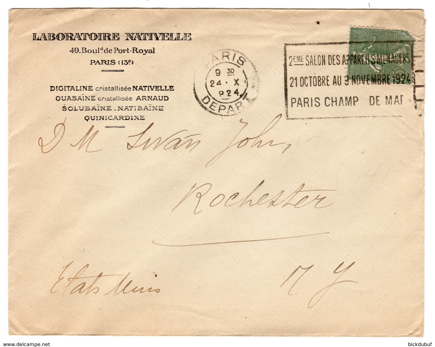 Enveloppe Laboratoire Nativelle Paris Depart 1924 - Mechanical Postmarks (Other)