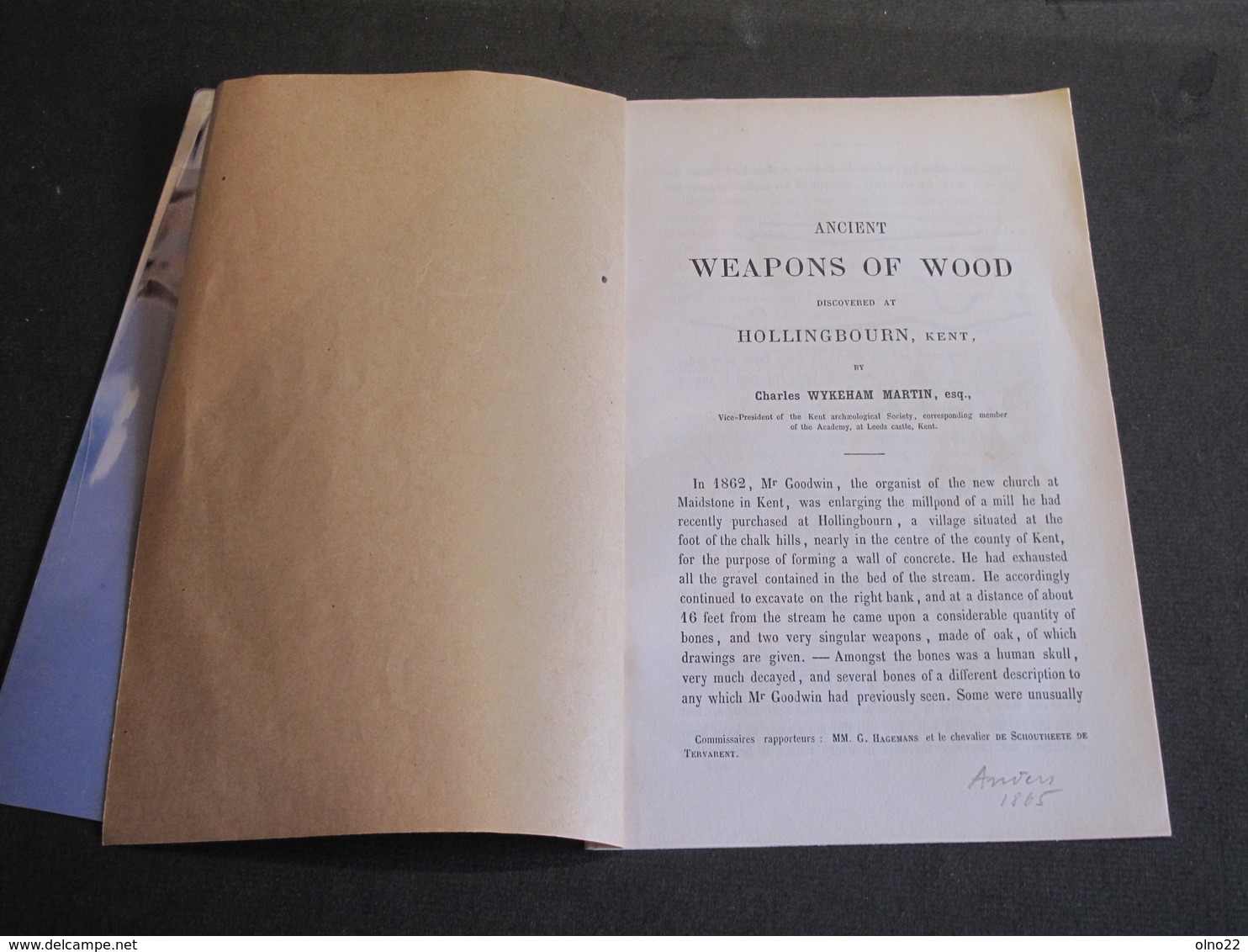 ANCIENT WEAPONS OF WOOD Discovered At Hollingbourn Kent. By C WYKEHAM MARTIN 1865 - Autres & Non Classés