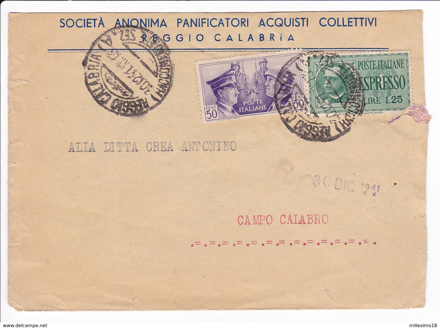 Italia Italy 1941 Fratellanza D'Armi + Espresso 1,25 Su Busta X Campo Calabro 2 Scan - Poststempel