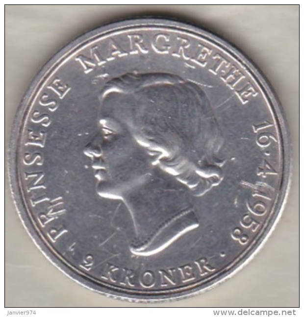 Denmark 2 Kroner 1958 . Princess Margrethe's 18th Birthday . Argent. KM# 845 - Danemark