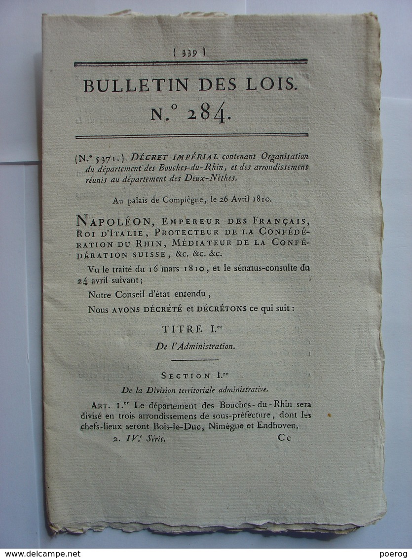 BULLETIN DES LOIS 1810 - ORGANISATION DEPARTEMENTS DES BOUCHES DE RHIN ET DES DEUX NETHES - BELGIQUE - PAYS BAS - Decretos & Leyes