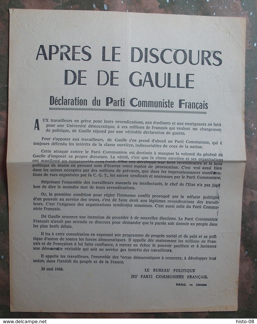 TRACT PARTI COMMUNISTE FRANCAIS : APRES LE DISCOURS DE DE GAULLE . 30 MAI 1968 . - Historical Documents