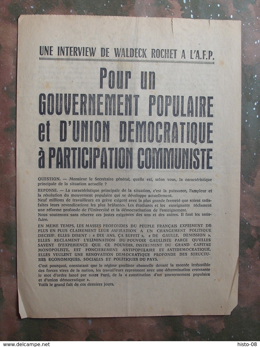 TRACT PARTI COMMUNISTE FRANCAIS : INTERVIEW WALDECK ROCHET  . MAI 1968 . - Historische Dokumente