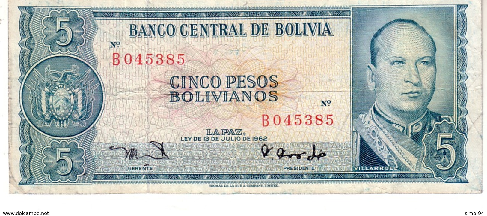 Bolivia P.153 5   Bolivianos 1962 Vf - Bolivia