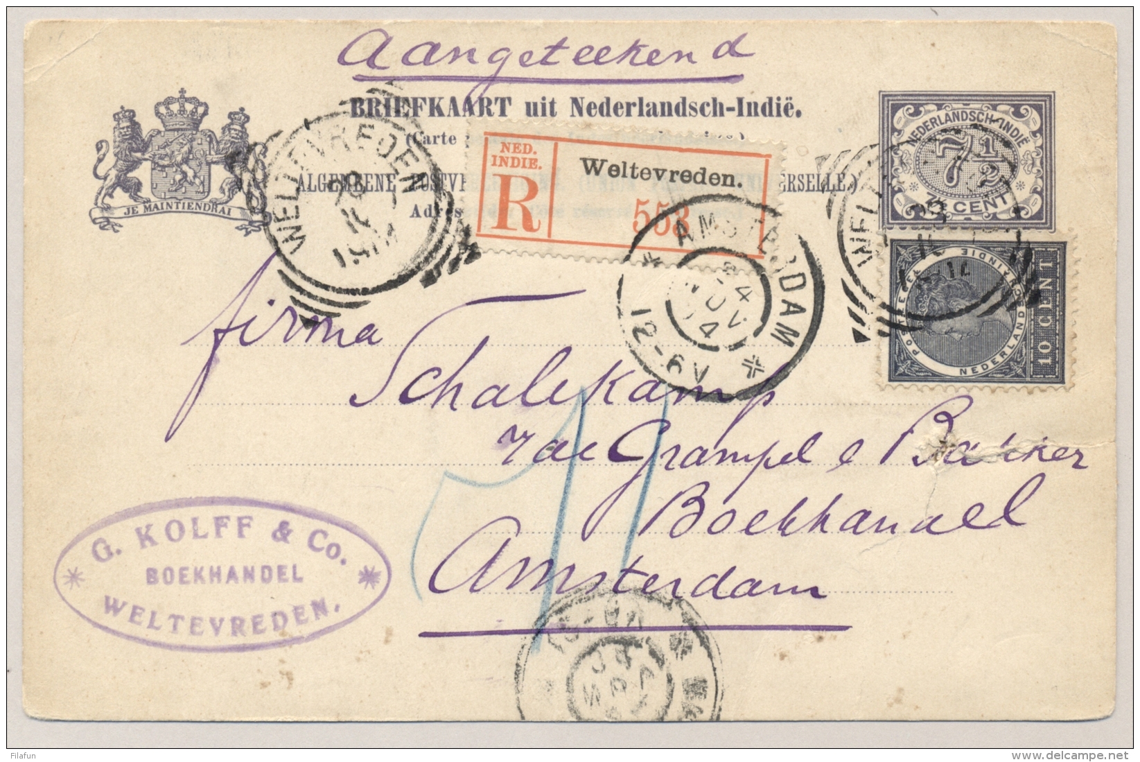 Nederlands Indië - 1904 - 7,5 Cent Briefkaart + 10 Cent Veth - Aangetekend Van VK Weltevreden Naar Amsterdam - Nederlands-Indië