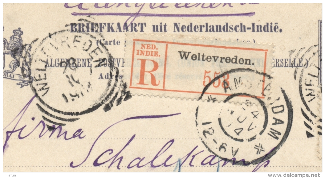 Nederlands Indië - 1904 - 7,5 Cent Briefkaart + 10 Cent Veth - Aangetekend Van VK Weltevreden Naar Amsterdam - Netherlands Indies