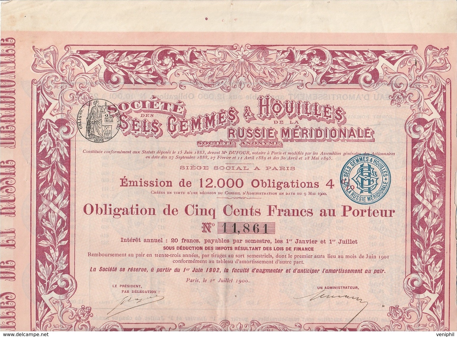 OBLIGATION DE 500 FRANCS - SOCIETE DES SELS GEMMES & HOUILLES DE LA RUSSIE MERIDIONALE - ANNEE 1900 - Mijnen