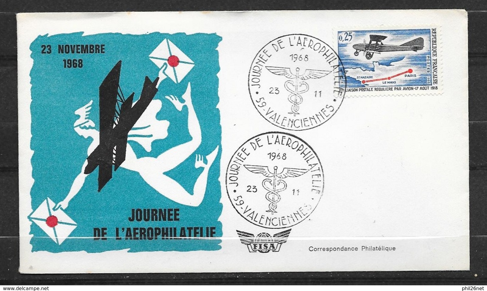 Lettre  Illustrée Valenciennes Le 23/11/1968  Cachet Illustré "Journée D El'Aérophilatélie " Avec N° 1565    TB - Cachets Commémoratifs