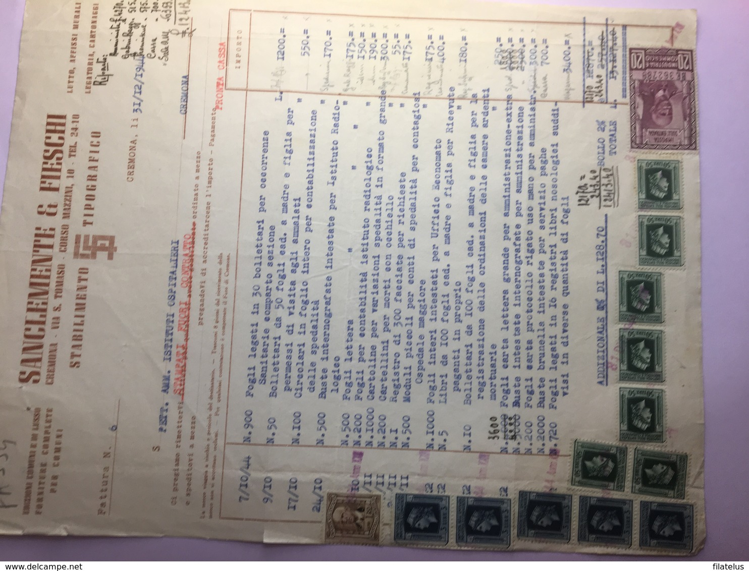 31-12-1944-CREMONA-STABILIMENTO TIPOGRAFICO-SANCLEMENTE &FIESCHI-FATTURA CON NUMEROSI VALORI FISCALI - Steuermarken