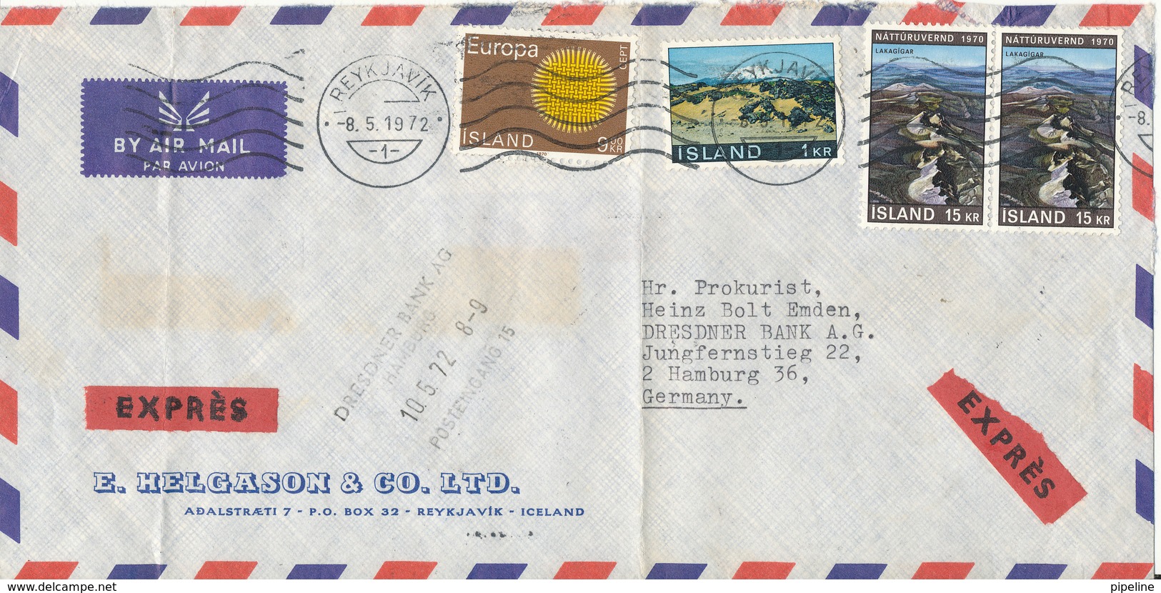 Iceland Air Mail Cover Sent Express To Germany Reykjavik  8-5-1972 (bended Cover) - Poste Aérienne