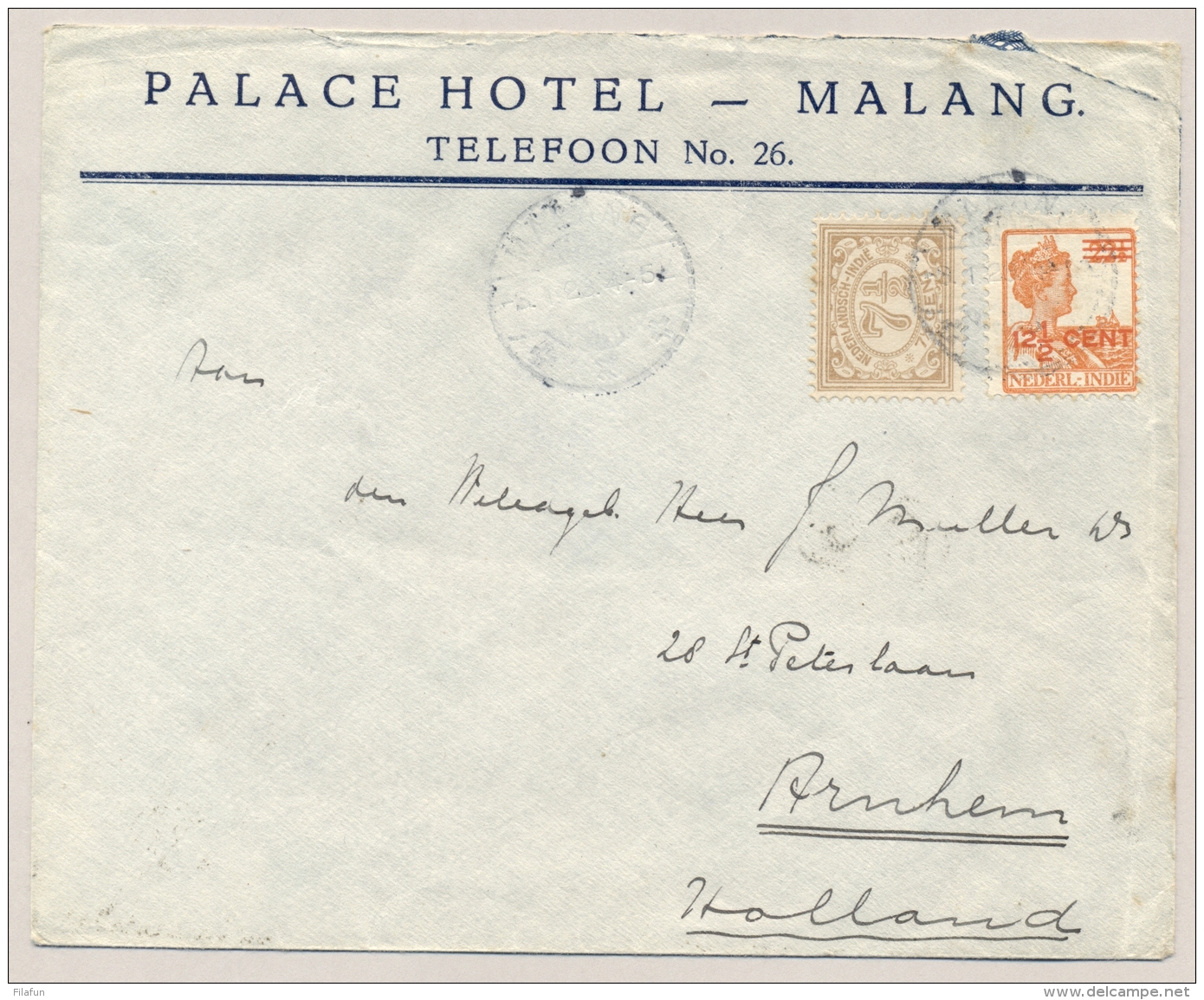 Nederlands Indië - 1923 - 12,5 Cent Opdrukzegel Met 7,5 Cent Cijfer Op Hotel Brief Van Malang Naar Arnhem / NL - Nederlands-Indië