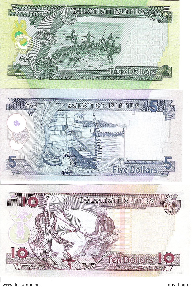 Solomon Islands - Pick 25, 26, 27 - 2, 5, 10 Dollars 2004 - 2009 - Unc - Set 3 Banknotes - Isola Salomon