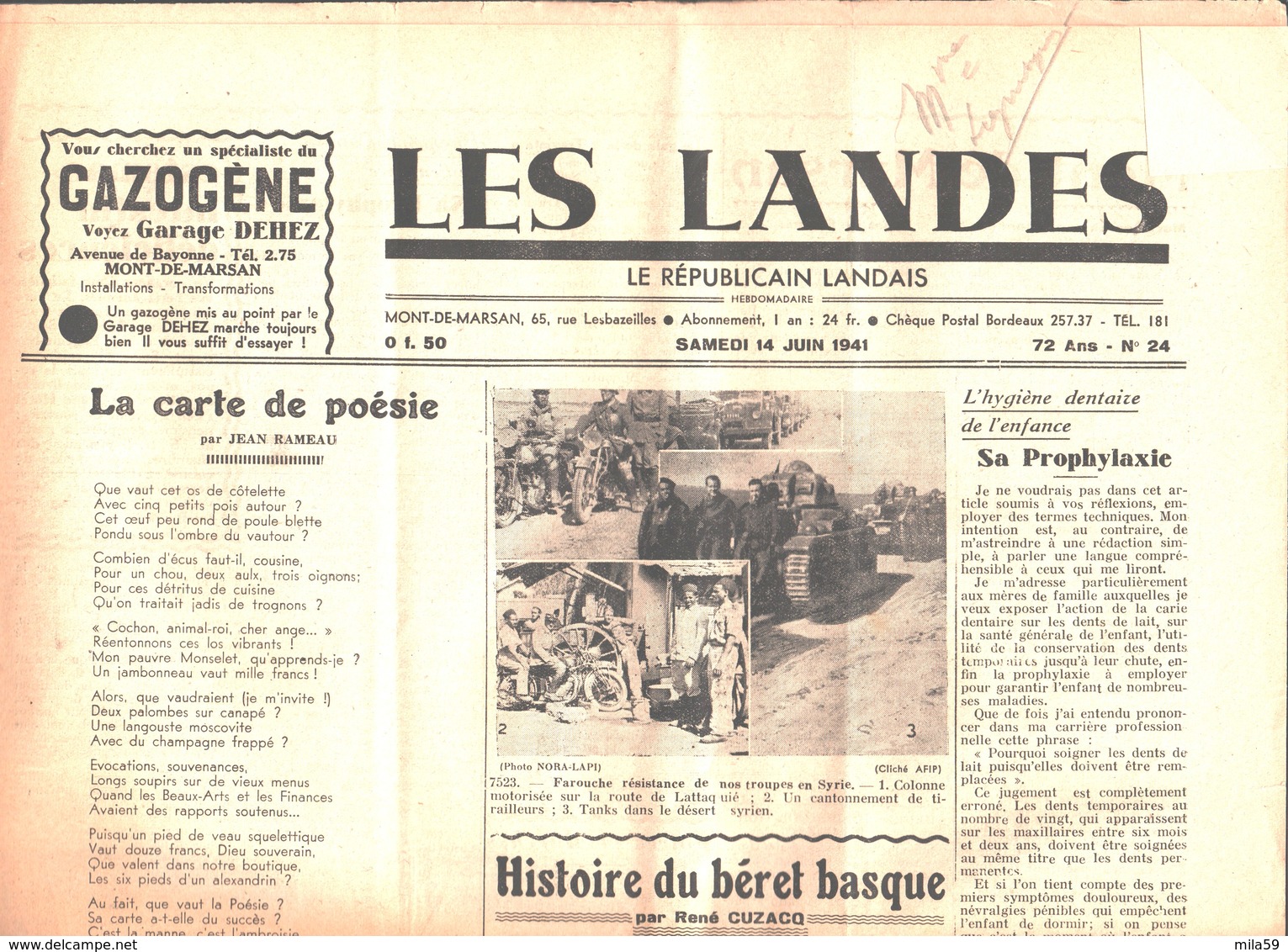 Les Landes. Le Républicain Landais. Mont De Marsan. N° 24. Samedi 14 Juin 1941. Jean Lacoste. Fondé En 1871 - Autres & Non Classés