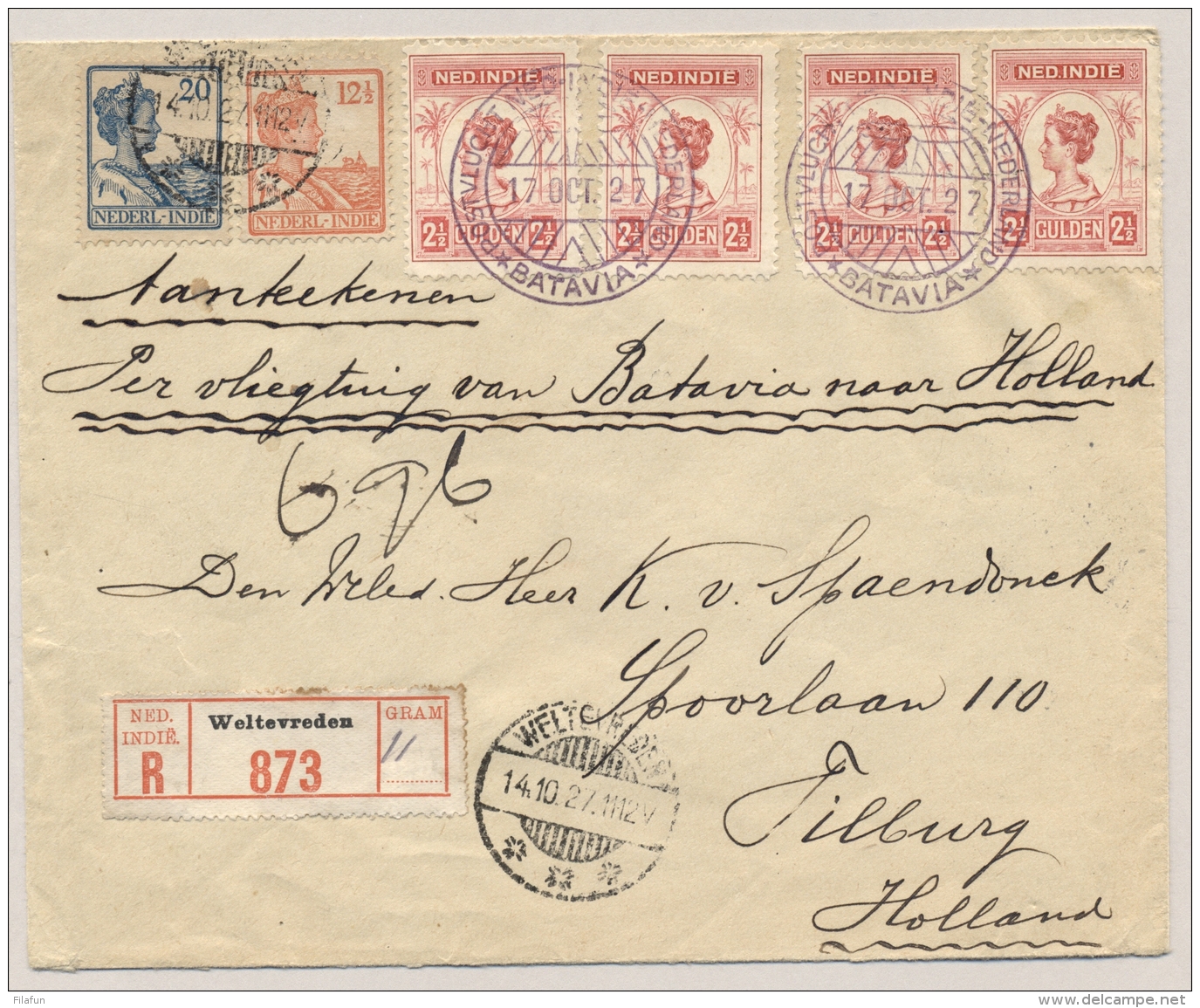 Nederlands Indië - 1927 - 4x 2,5 Gulden Wilhelmina Op R-Postduif-vlucht Van Batavia Naar Tilburg / NL - Nederlands-Indië