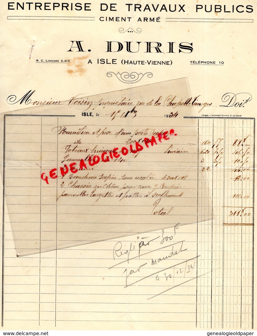 87 - ISLE - FACTURE A. DURIS - ENTREPRISE TRAVAUX PUBLICS- CIMENT ARME- 1934 - 1900 – 1949