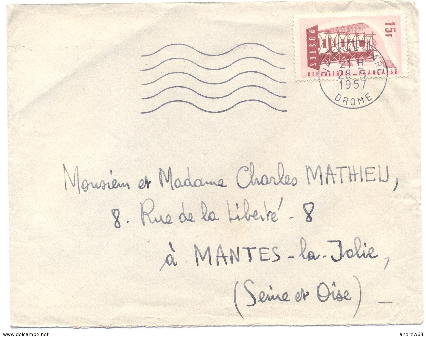 FRANCIA - France - 1957 - 15F Europa Cept - Viaggiata Da Valence Per Mantes-la-Jolie - Lettres & Documents